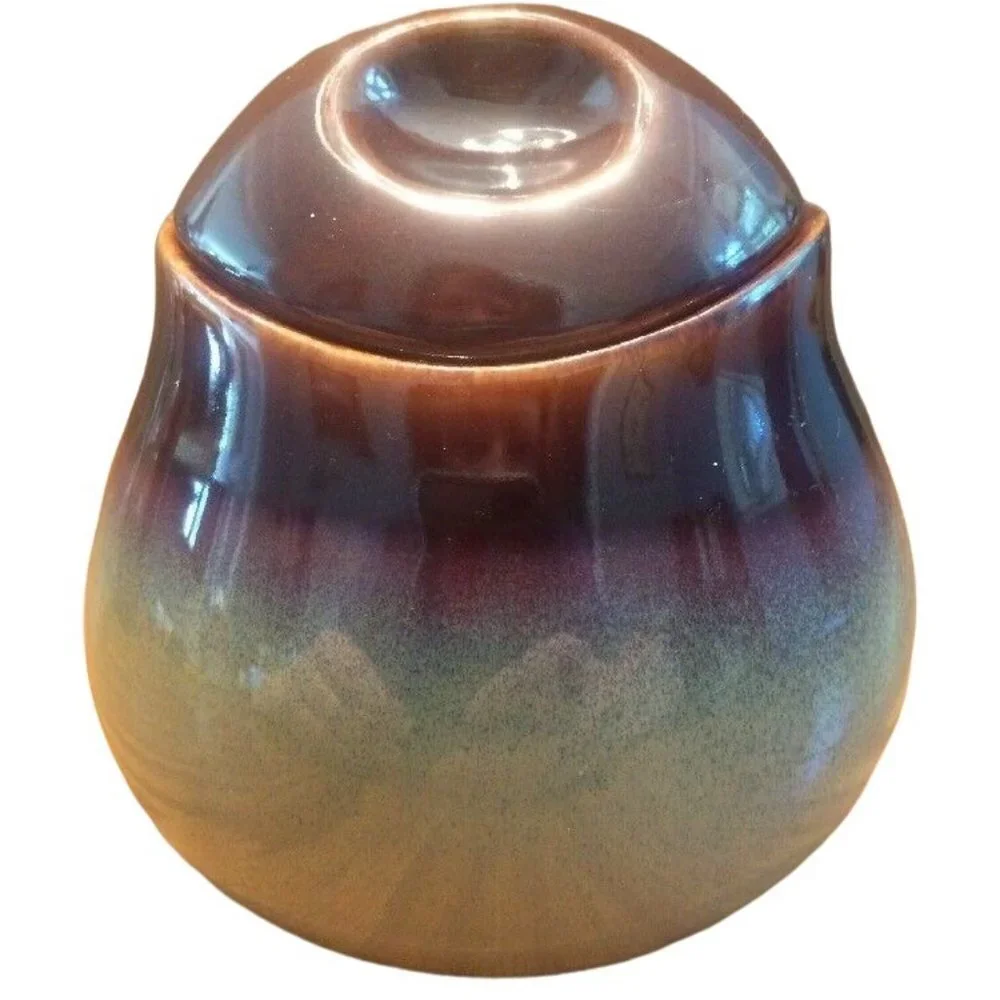 VTG Studio Pottery Glazed Creamer & Sugar Bowl Lid Brown Purple Beige Set Earthy
